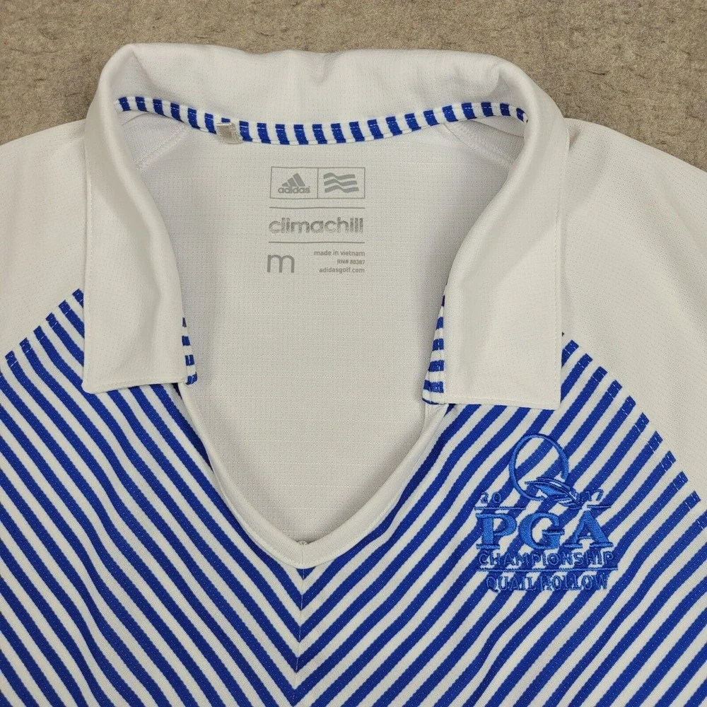 Quail Hollow Adidas Climalite Golf Polo Shirt Womens Medium Blue‎ White Striped
